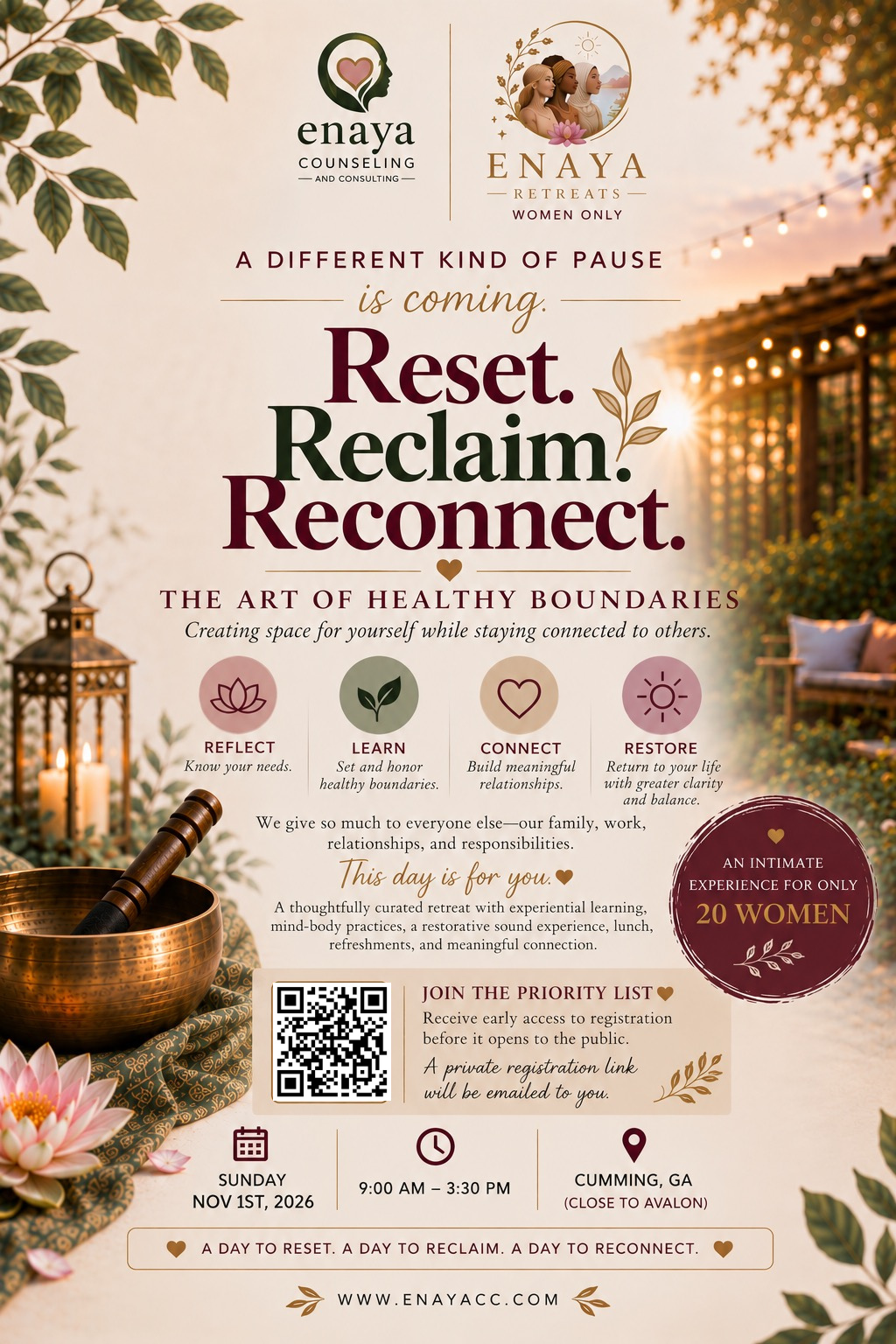 Reset. Reclaim. Reconnect. — a day retreat for women on Sunday, November 1, 2026 in Cumming, Georgia, close to Avalon. Limited spots; join the waitlist.