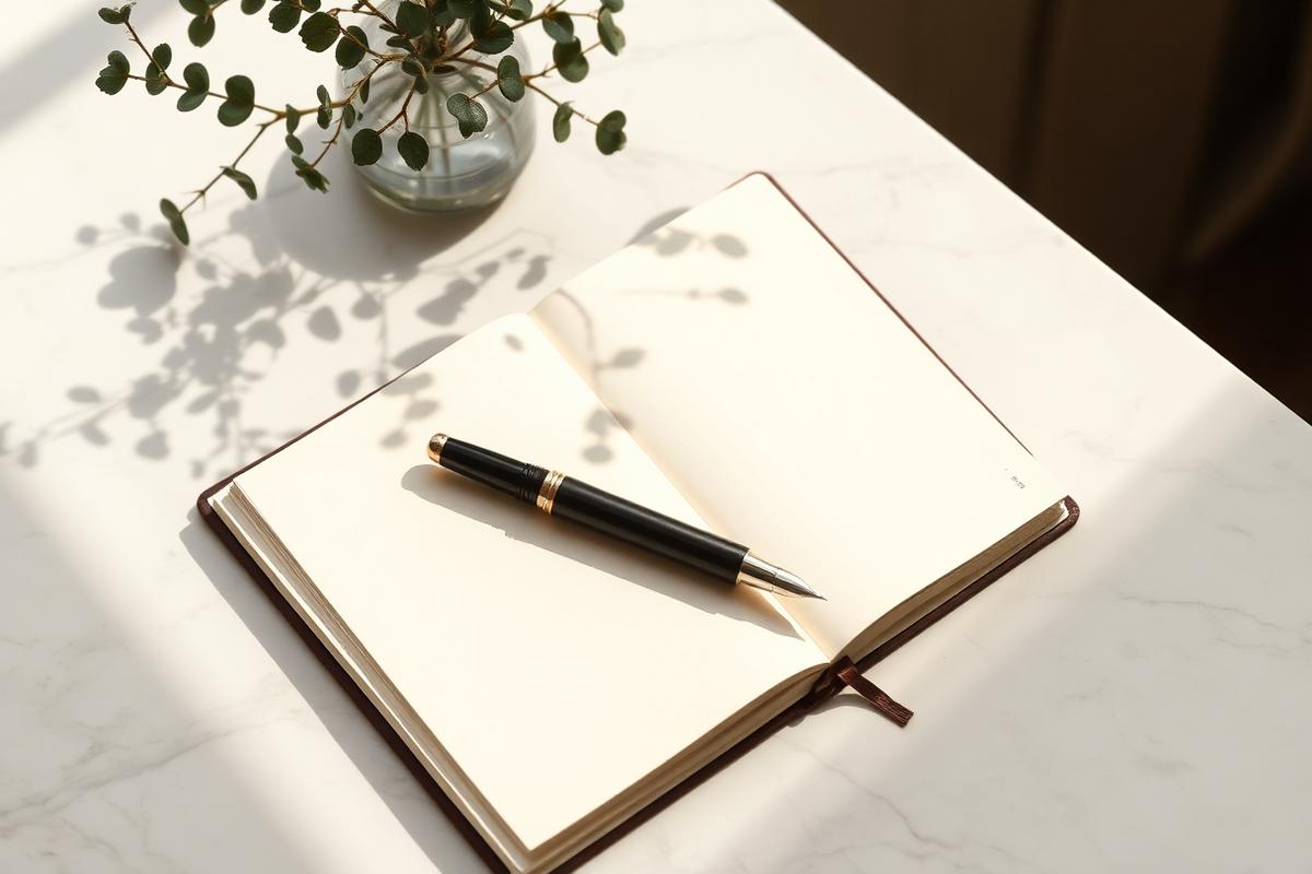 Open leather journal and fountain pen on a marble desk.