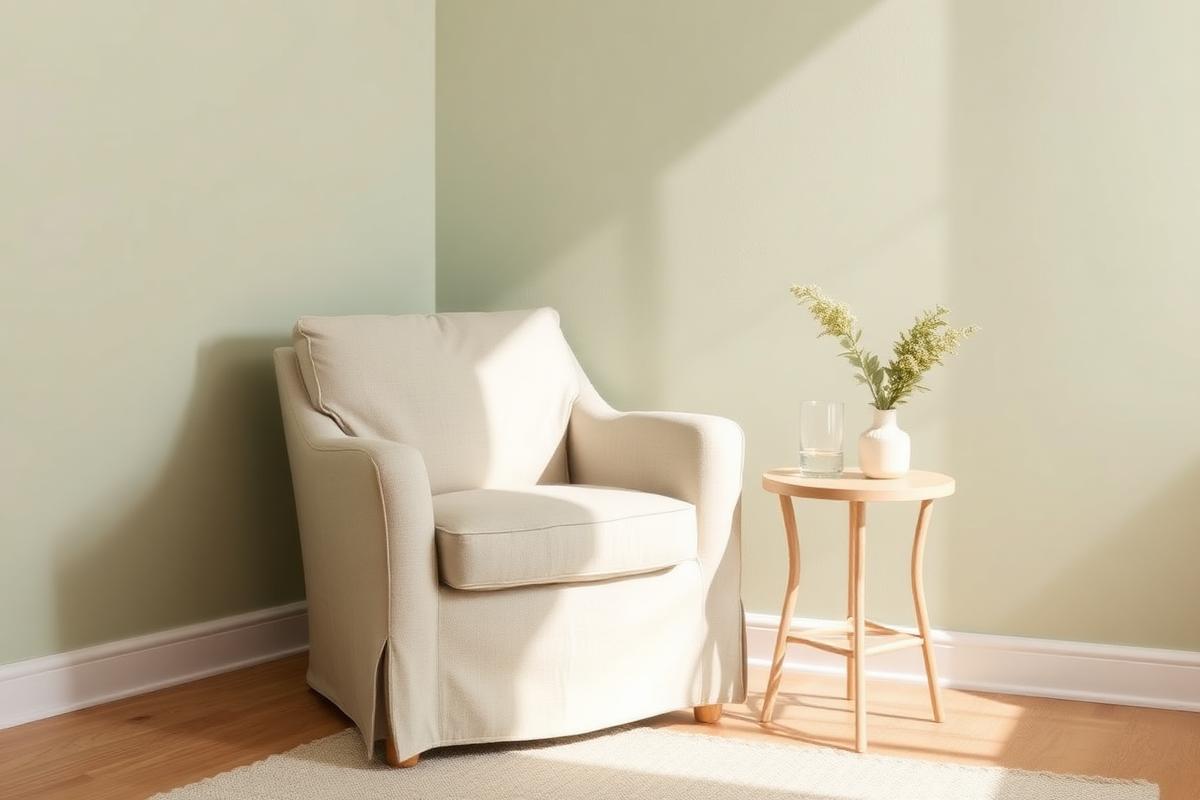 A calm therapy office corner with a linen armchair.