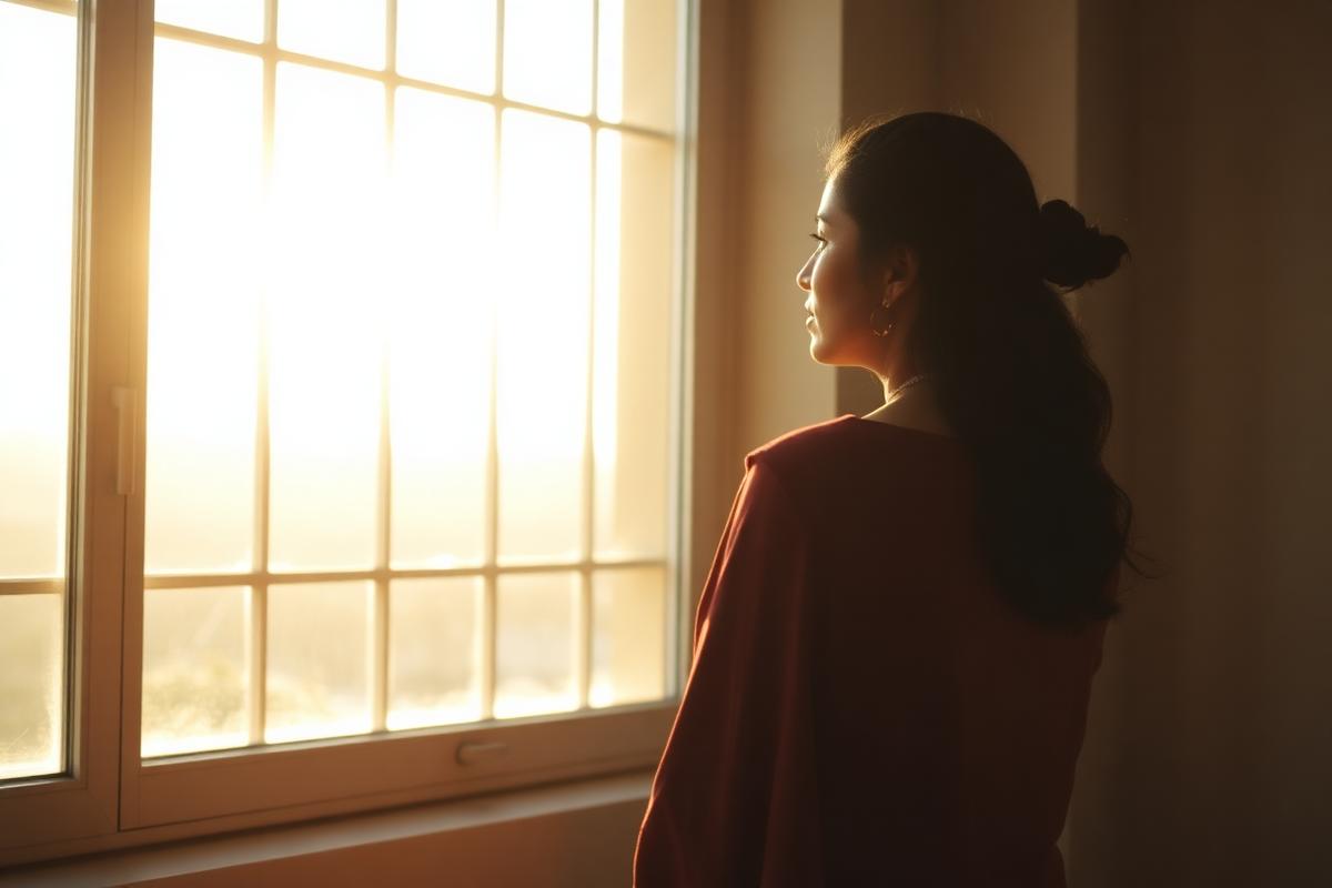A South Asian woman looking out a window into warm morning light.