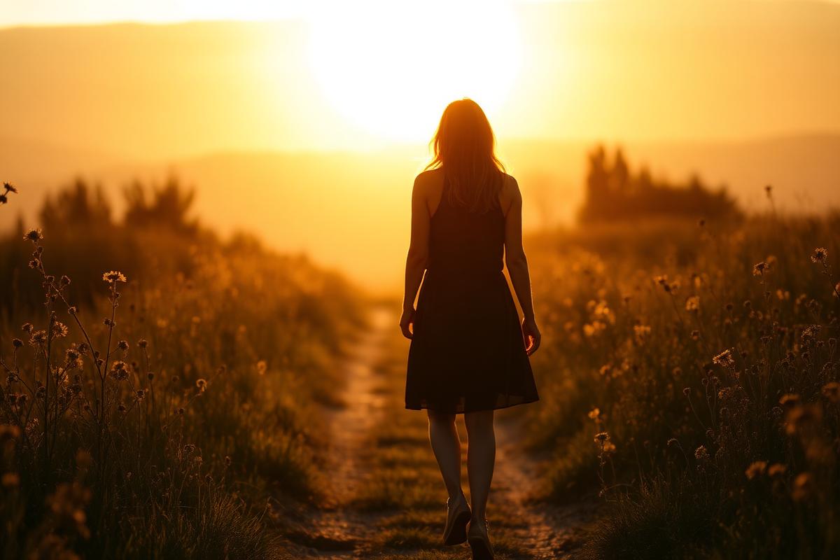 A woman walking away down a wildflower path at golden hour.