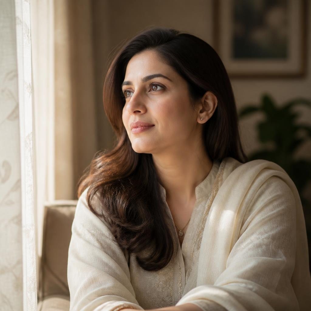 A woman looking out a window with quiet hope