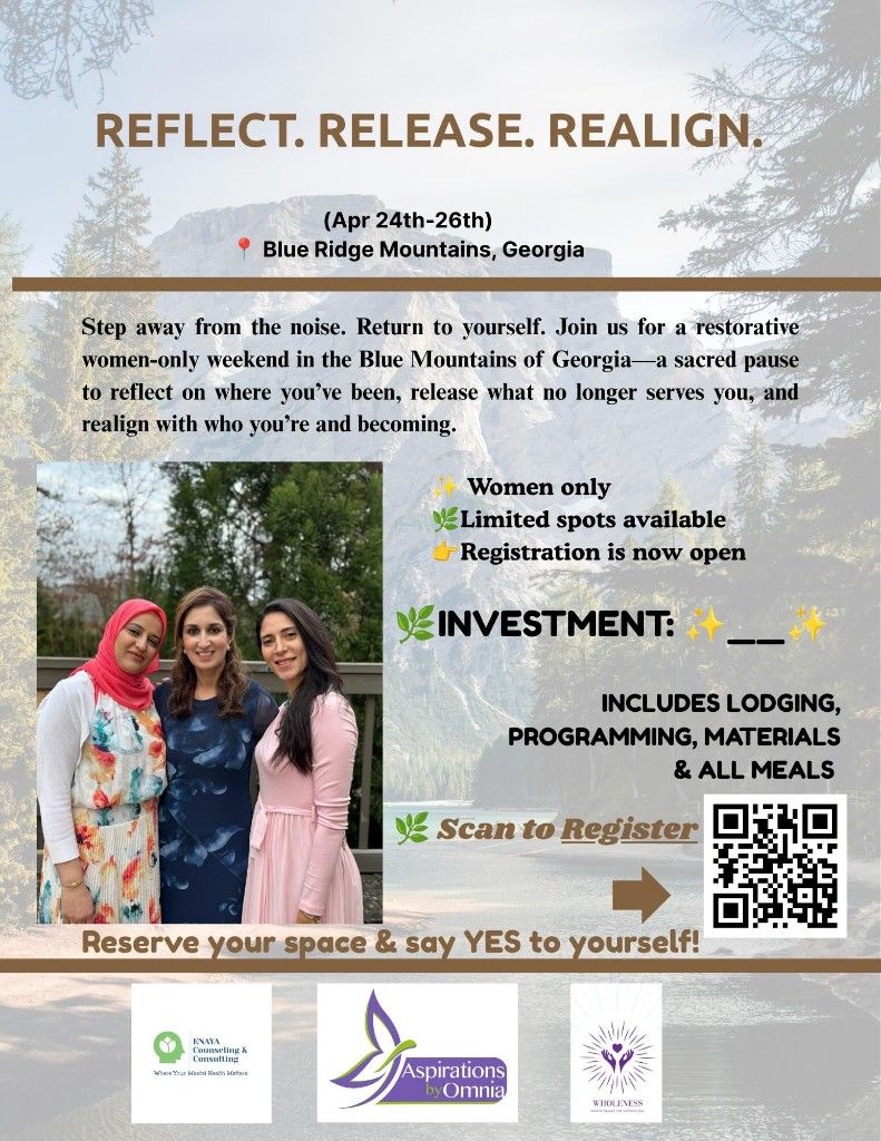 Reflect. Release. Realign. — past Enaya women's retreat flyer for a restorative weekend in the Blue Ridge Mountains, Georgia