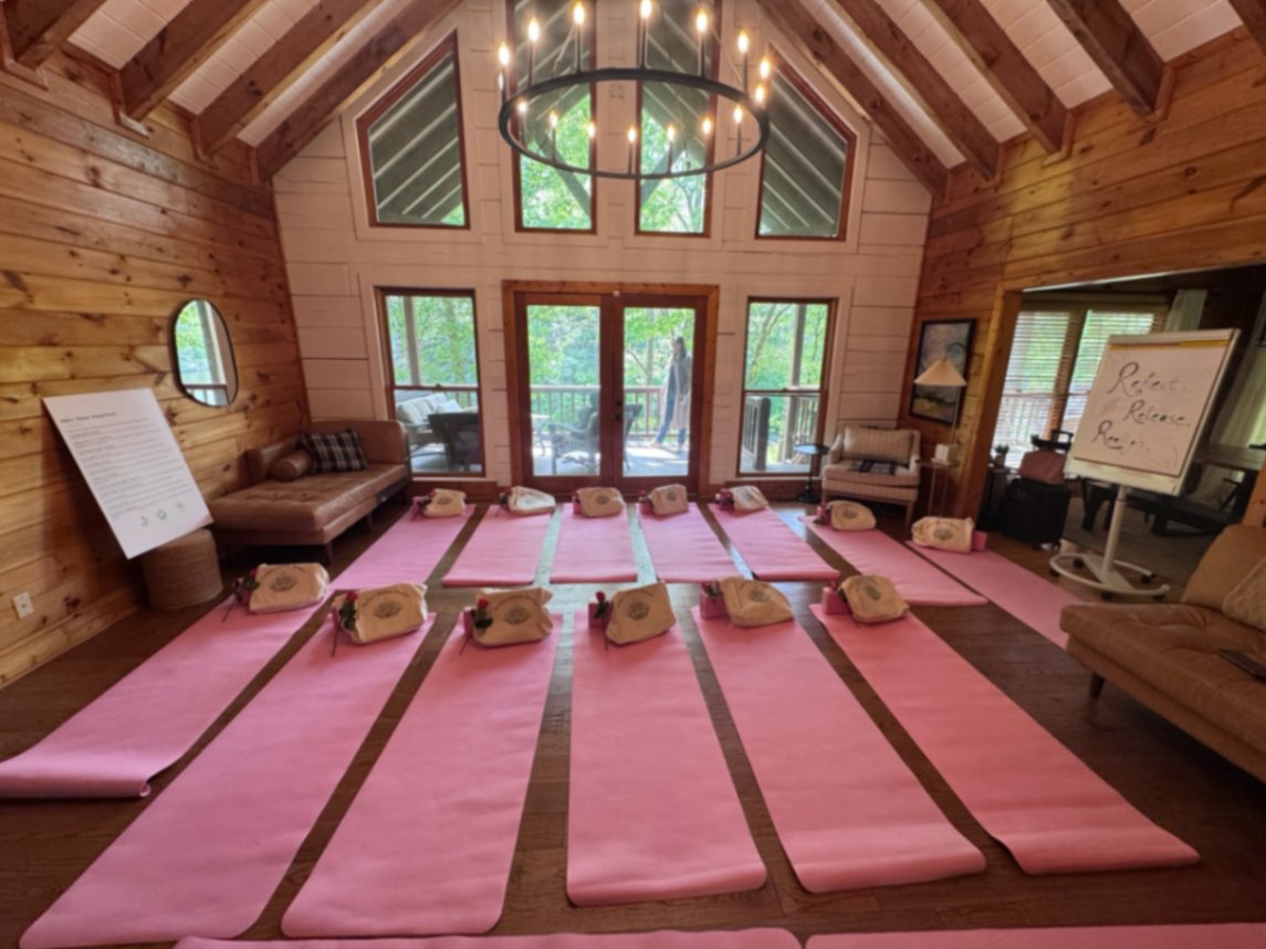 Retreat room set with pink mats and roses