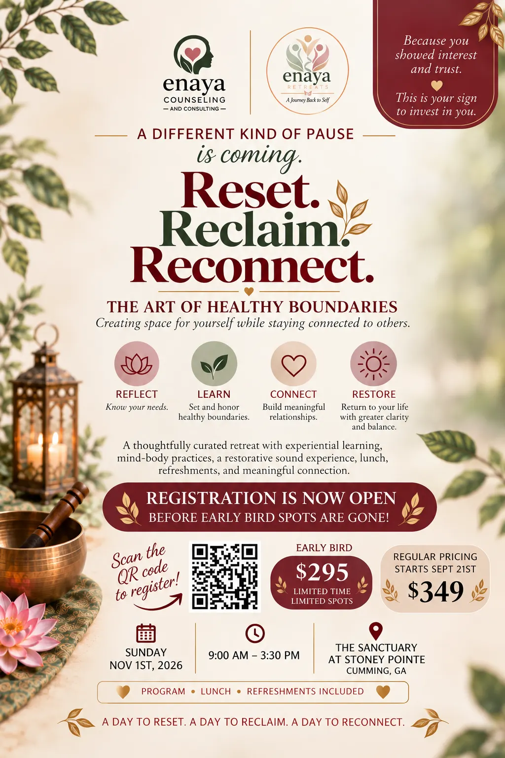 Reset. Reclaim. Reconnect. — The Art of Healthy Boundaries day retreat for women · Sunday, Nov 1, 2026 · The Sanctuary at Stoney Pointe, Cumming GA · Early bird $295 until Sept 21, then $349.